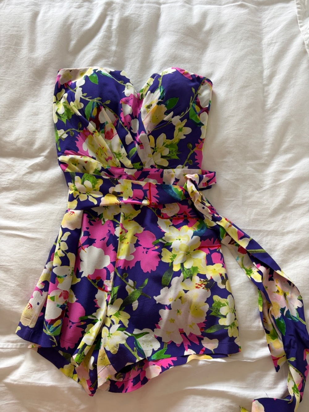 Yumi Kim Silk Strapless Purple Floral Romper with Pink & Yellow Blooms